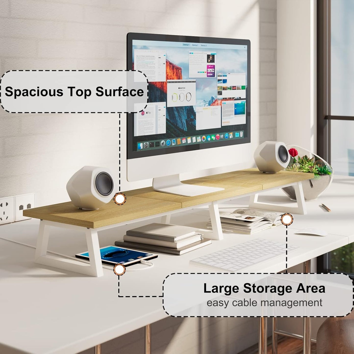 TEAMIX 42 inch Large [Dual] [Monitor] [Riser],Rustic Brown Extra Long TV [Stand Wood & Steel Desktop [Riser] with Storage for [Dual] Screen Office Desk Organization