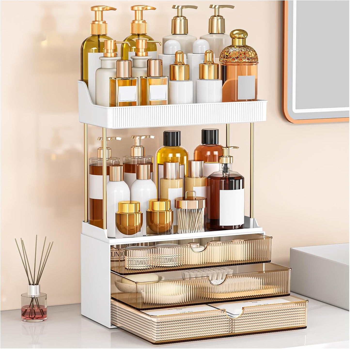 caktraie 12.2" W Makeup Organizer Drawers - 5 Tiers Bathroom Counter Organizer, Cosmetic Storage Drawer for Dresser Countertop and Bathroom Vanity for Large Skincare, Perfume, Clear