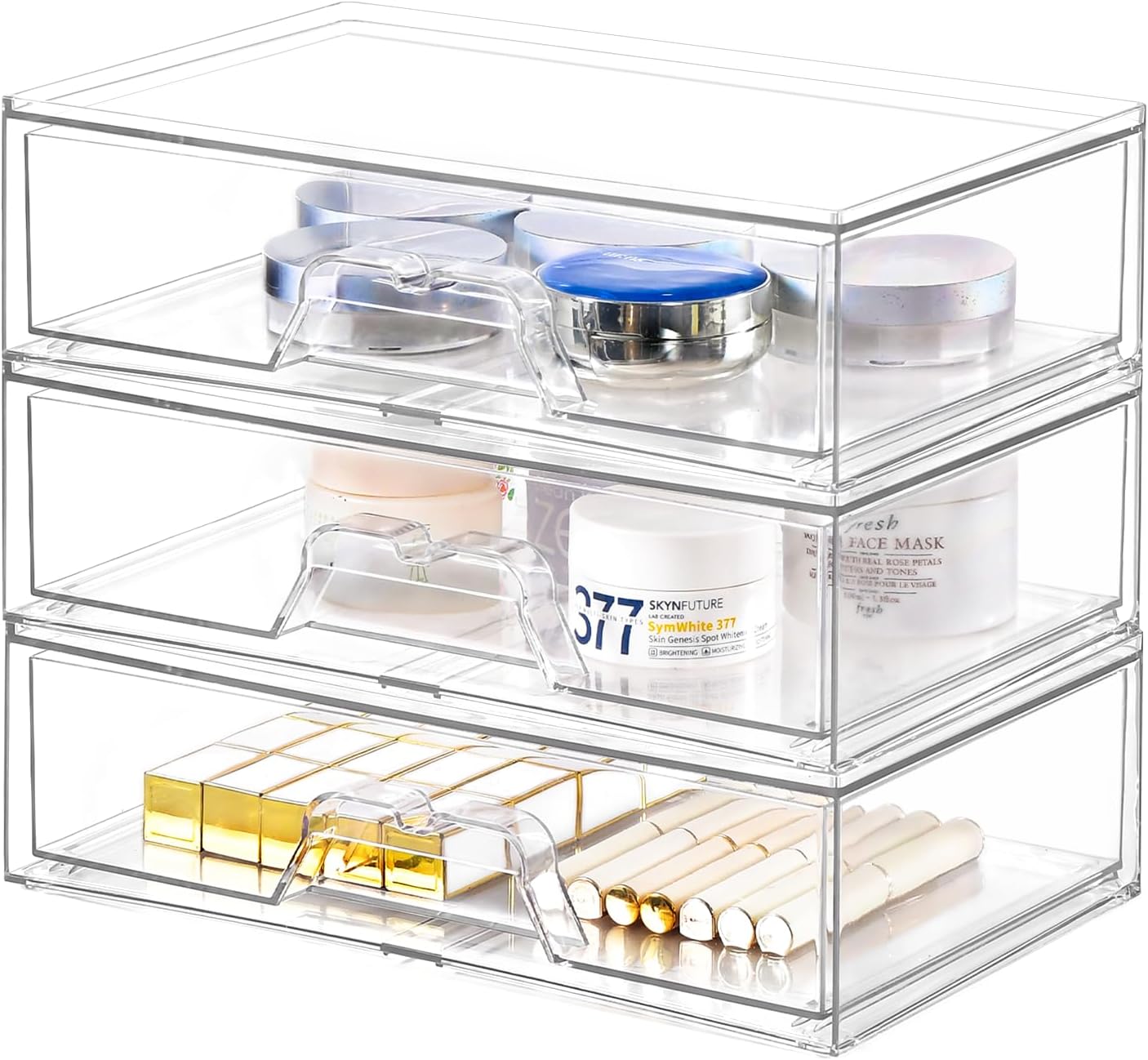 Stebopum 6 Pack Stackable Makeup Organizer, 4.4'' Tall Acrylic Bathroom Makeup Organizer and Storage Drawer with Pull-out Handle, Clear Plastic Storage Bins for Vanity,Pantry,Desk,Undersink,Kitchen