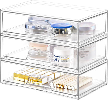 Stebopum 6 Pack Stackable Makeup Organizer, 4.4'' Tall Acrylic Bathroom Makeup Organizer and Storage Drawer with Pull-out Handle, Clear Plastic Storage Bins for Vanity,Pantry,Desk,Undersink,Kitchen