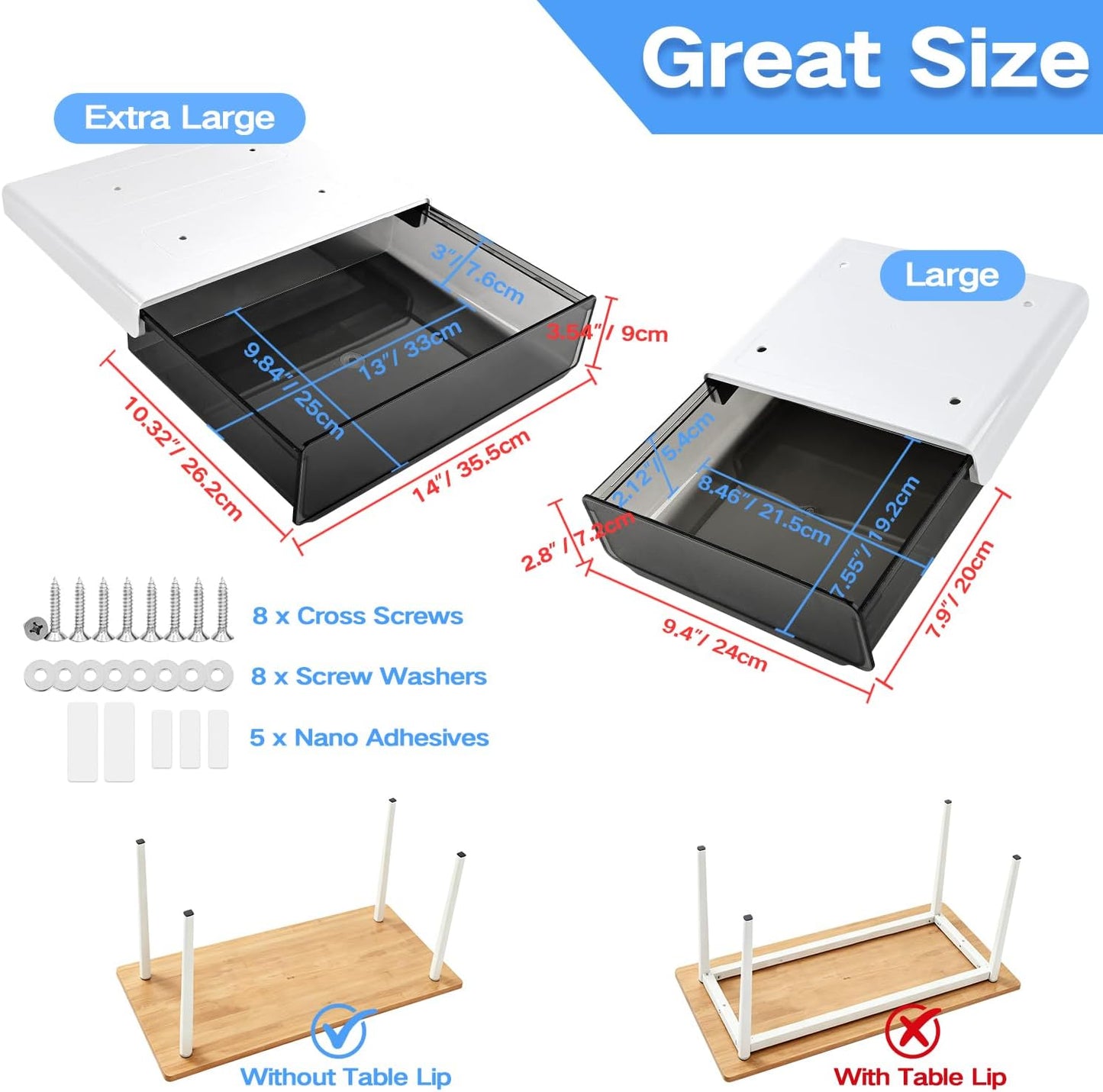 Self-adhesive Under Desk Drawer Organizer, 2 Pack Table Hidden Slide Out Large Storage Mounted Desktop Pencil Holder Tray Drawers for Office Home School Stationery Kitchen (Large, White)