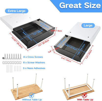 Self-adhesive Under Desk Drawer Organizer, 2 Pack Table Hidden Slide Out Large Storage Mounted Desktop Pencil Holder Tray Drawers for Office Home School Stationery Kitchen (Large, White)