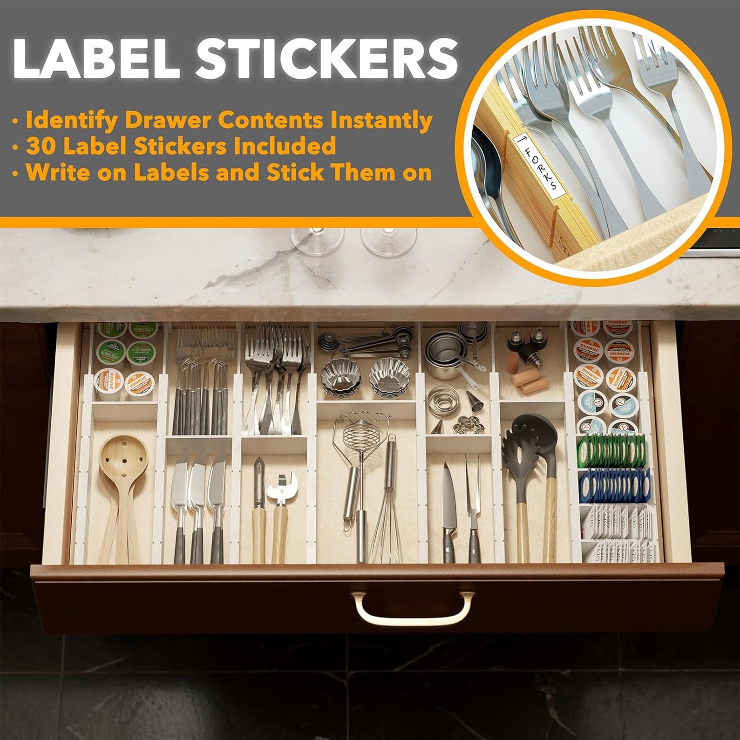 SpaceAid Bamboo Drawer Dividers with Inserts and Labels, Kitchen Adjustable Drawer Organizers, Expandable Organization for Home, Office, Dressers, 4 Dividers with 9 Inserts (17"-22" Natural)