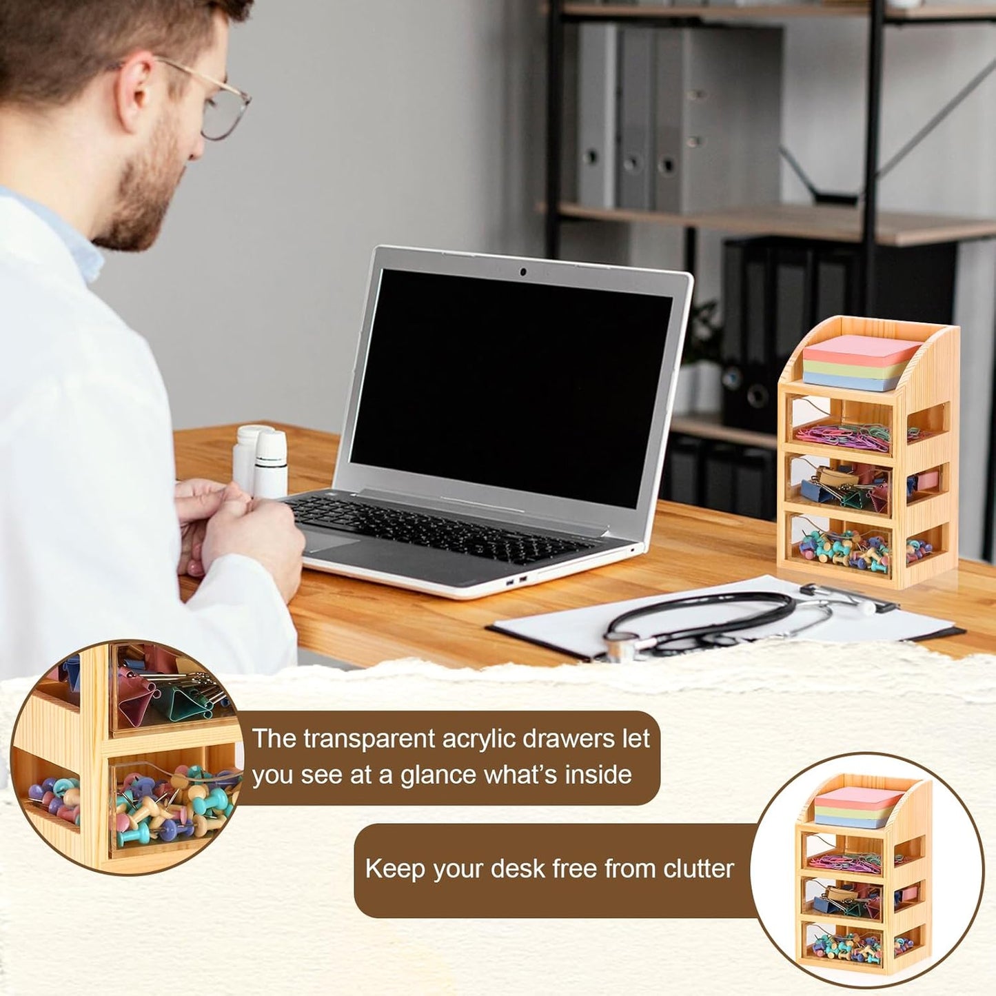 3 Drawer Desktop Accessory Storage Drawers Clear Desktop Organizer with Drawers Small Desk Organizer with Drawer Paper Clip and Binder Holder Wood Acrylic Sticky Note Holder 4.53"L x 4.1"W x 7.7"H