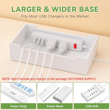 Pezin & Hulin Multi Charger Station Organizer Rack, Bamboo Cable Management Box, Power Strips and Cord Hider, Nightstand Device Organizer (Include 6 Cables)(No Power Charging Supply) -White