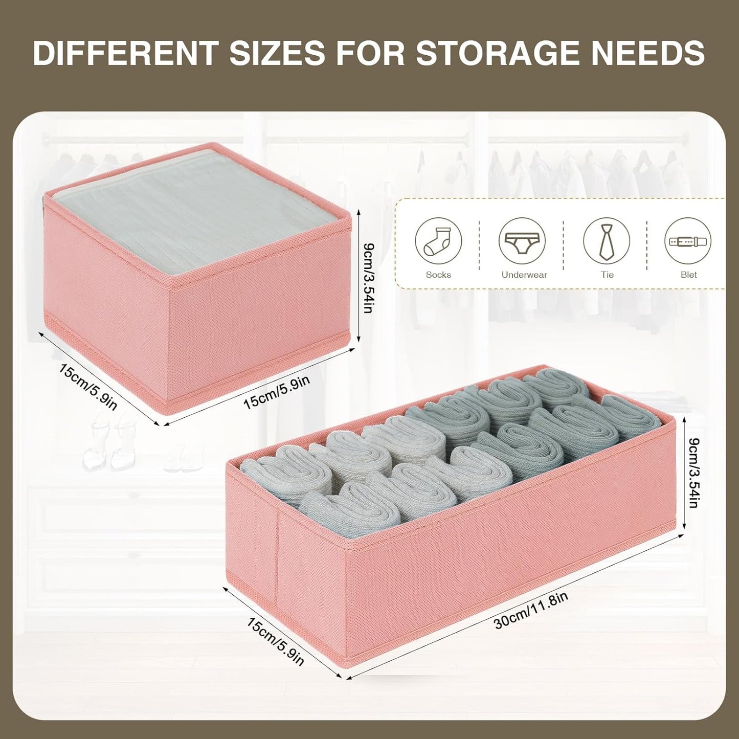DIMJ Drawer Organizers Clothes, Dresser Organizer Bins for Baby Clothes,Underwear and Sock, Fabric Closet Organization and Storage Boxs, Drawer Dividers for Nursery, Clothing, Tie - 4 Pack, Beige