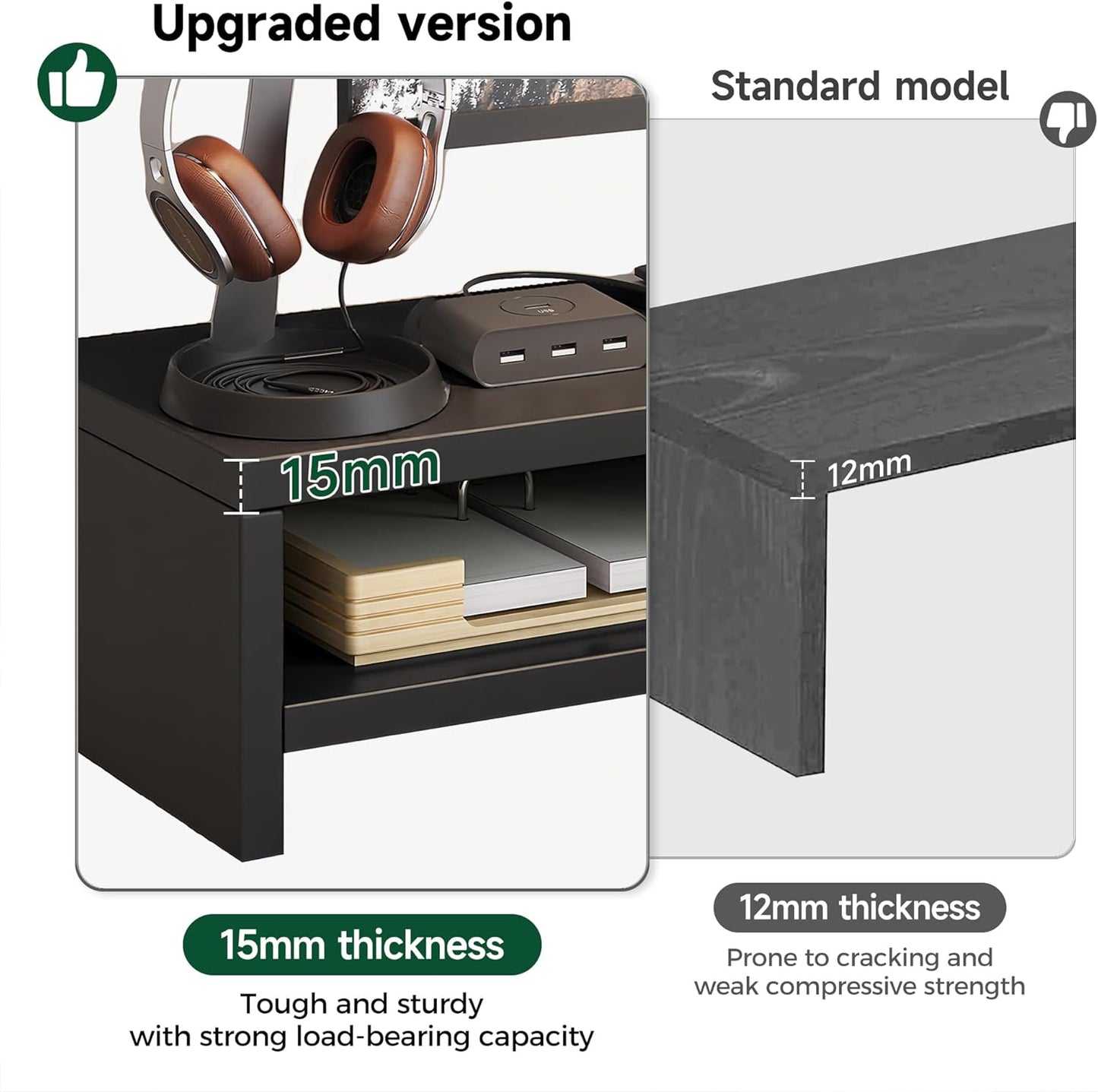 Wooden Monitor Stand Riser, 2-Tier Desk Shelf with Storage Organizer, Ergonomic Computer Stand, Storage Organizer for Laptop, Computer, Black, 15.7 Inch