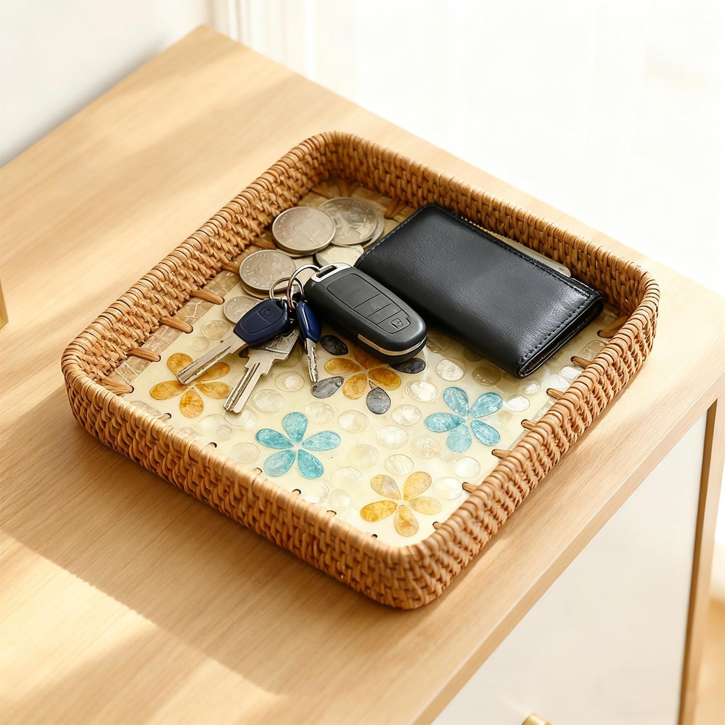 Handwoven Wicker Valet Tray, 8 Inch Square Catch All Organizer for Jewelry, Watches & Keys | Decorative Tray for Nightstand, Desk, Entryway, Coffee Table & Bathroom Counter