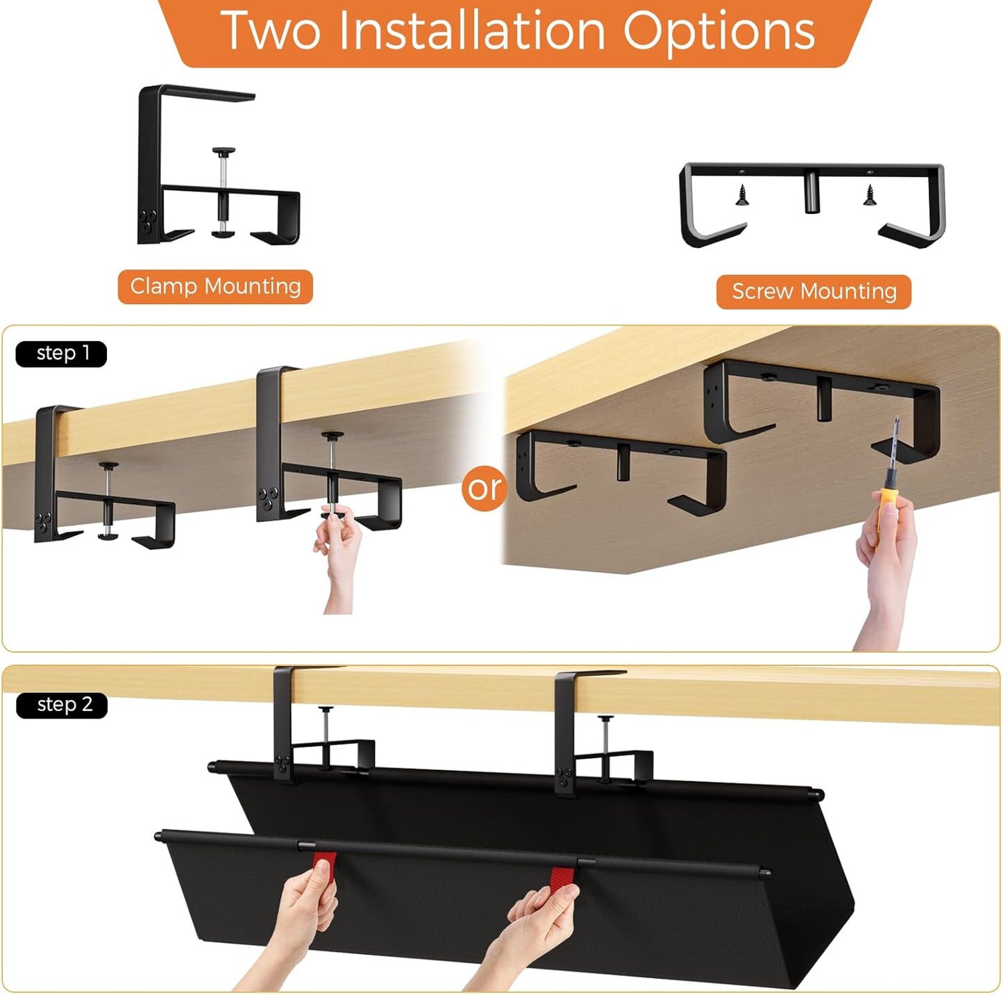 Under Desk Cable Management Tray - 36" Cord Organizer for Desk No Drill, Fabric Under Table Wire Organizer with 16X Cable Ties Hide for Office/Home, Cord Hider Fits Adapters & Sockets, White