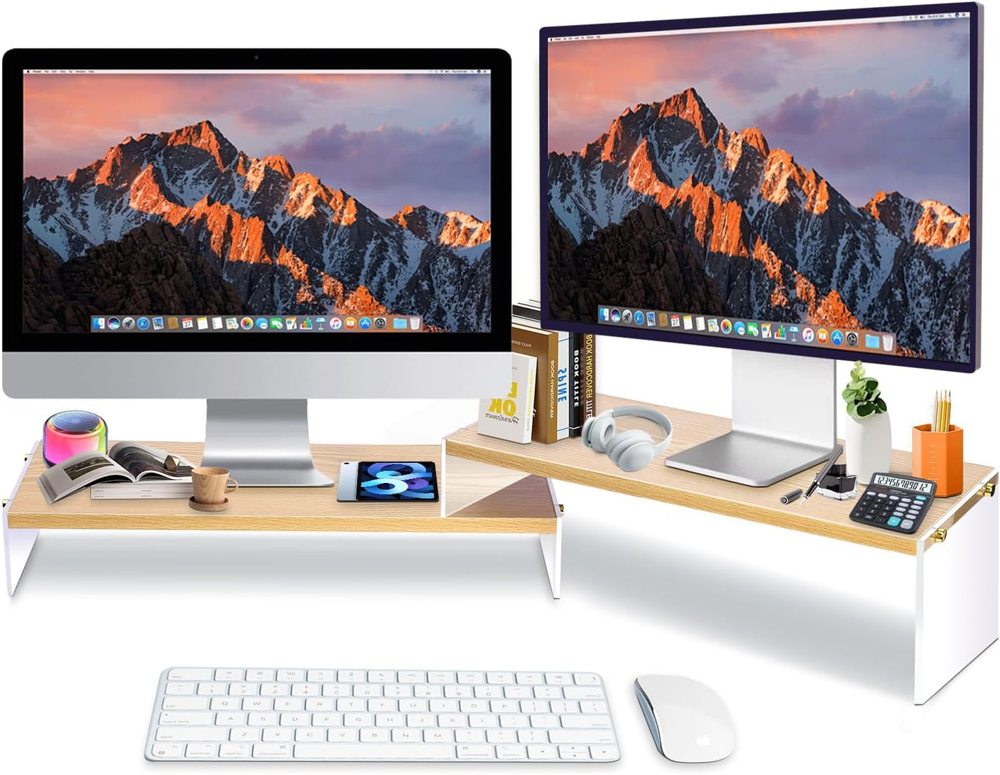 YGYQZ Adjustable Monitor Stand Riser with Acrylic Legs丨7.67" Wide Dual Monitor Stand for Desk丨2-Tier Wood Desktop Organizer for Computer, Laptop, Printer & PC丨Modern Aesthetic Desk Shelf(wood-flat)
