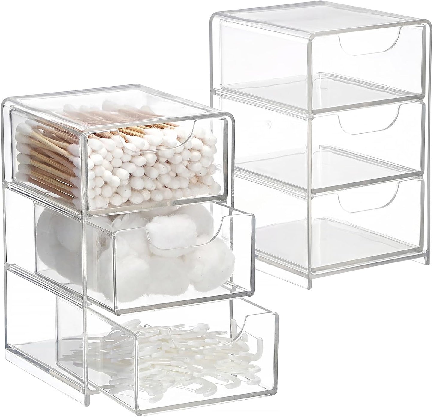 Hipiwe 2 Packs Acrylic Desk Organizer with 3 Drawers Small Display Organizer for Makeup Cotton Swabs Jewelry Clear Qtip Storage Box for Living Room Bathroom Office