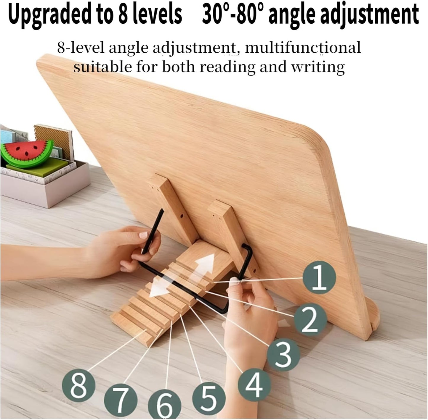 Reading Rack Wooden Bookshelf - Book Stand Foldable with 8 Adjustable Positions and Page Clips,Suitable for cookbooks、iPads、laptops、Sheet Music、and Reading Stands (11x7.9inch)