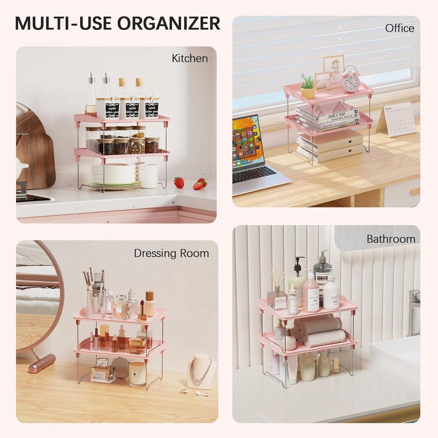STARLATTA 2 Pcs Cabinet Organizer Shelf, Stackable Kitchen Counter Shelves, Spice Rack,Countertop Organizers, Clear Plastic Storage Shelves Rack for Makeup,Bathroom,Cupboard,Desk,Pantry Organization
