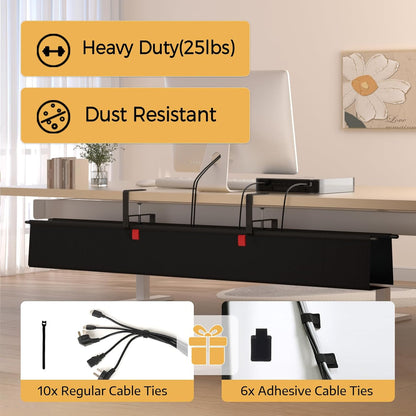 Under Desk Cable Management Tray - 36" Cord Organizer for Desk No Drill, Fabric Under Table Wire Organizer with 16X Cable Ties Hide for Office/Home, Cord Hider Fits Adapters & Sockets, White