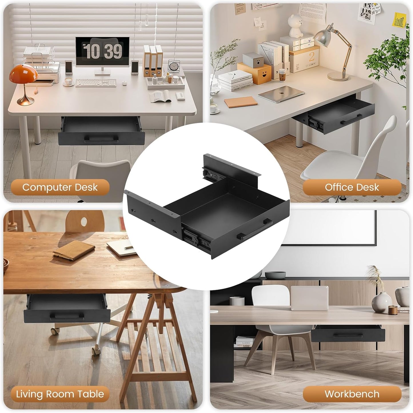 Under Desk Shelf,Under Desk Drawer Slide Out,Metal Under Table Drawer, Black（12inch）