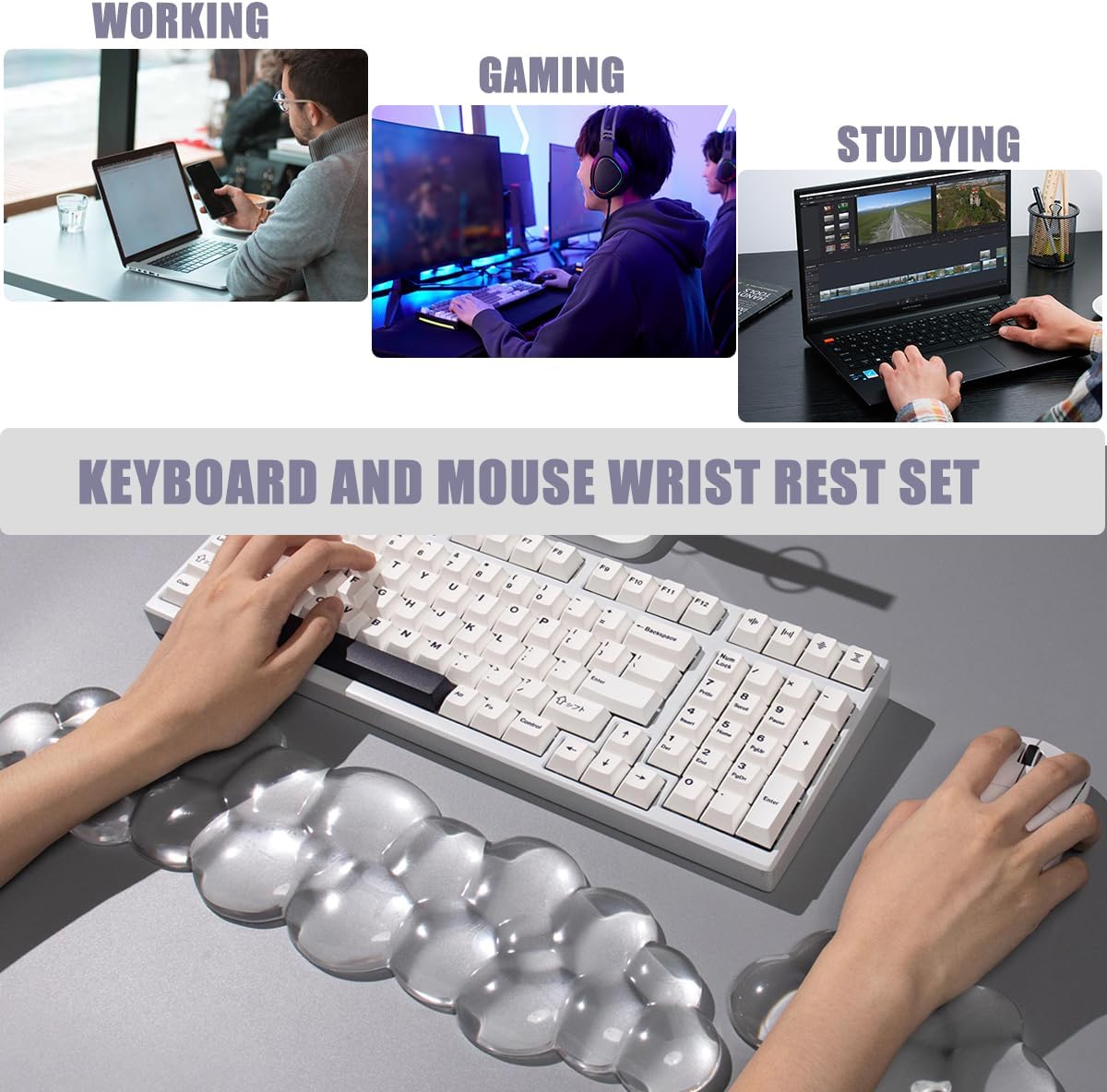 Clear Gel Wrist Rest for Keyboard and Mouse, Green Silicone Mouse Wrist Rest Set, Cute Ergonomic Wrist Rest for Keyboard 60%/75%(Green)