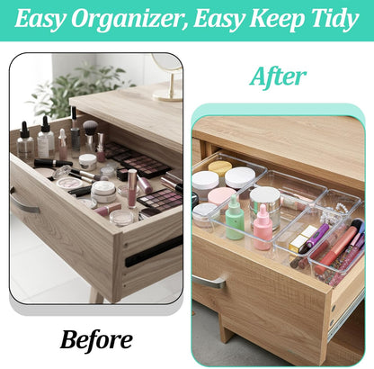 16 Pack Plastic Drawer Organizers Set, 5-Size Kitchen and Office Desk Drawer Organizer Trays, Acrylic Non Slip Storage Bin Divider for Makeup,Jewelry,Gadgets Utensils,Bedroom,Bathroom Vanity,Clear