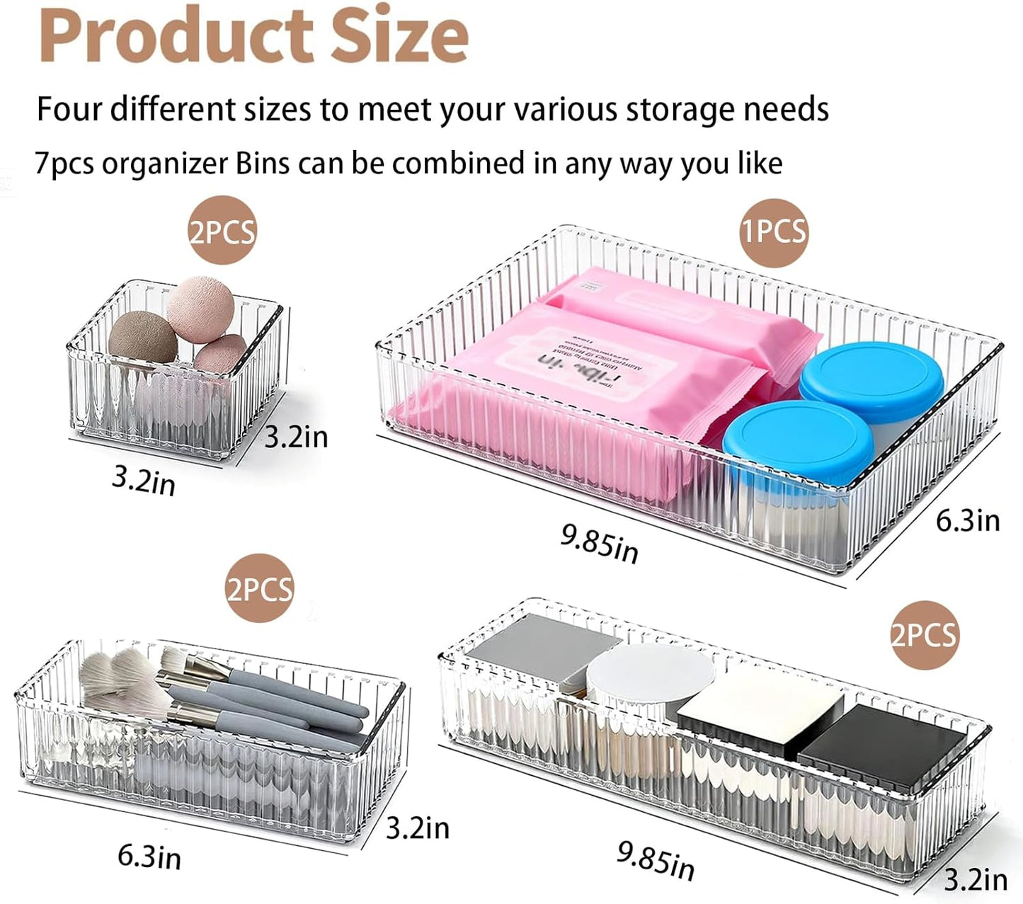 Makeup Drawer Organizer Bins Set - 7 PCS 4-Size Clear Bathroom Drawer Organizers Trays, Desk Junk Vanity Drawer Organizer Storage, Kitchen Utensils, Bathroom, Jewelries and Office