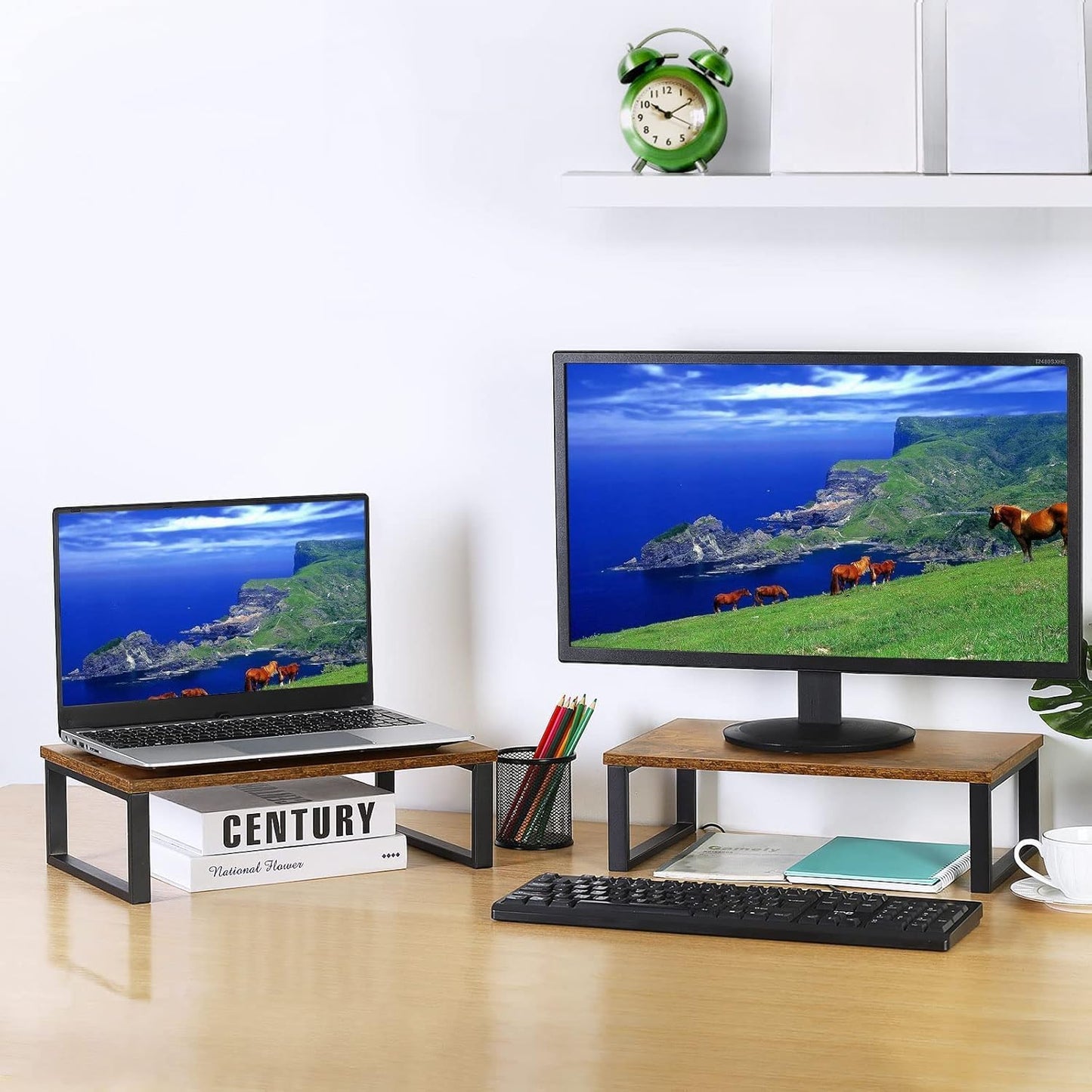 NORCEESAN 2 Pack Monitor Stand Riser Wood Desk Shelf with Storage, Laptop Stand Riser Computer Stand for Desk Shelf Organizer Desktop Printer Table for PC Laptop Fax Monitor Lift, Black