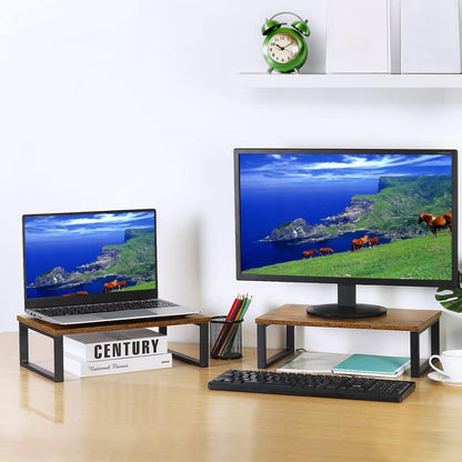 NORCEESAN 2 Pack Monitor Stand Riser Wood Desk Shelf with Storage, Laptop Stand Riser Computer Stand for Desk Shelf Organizer Desktop Printer Table for PC Laptop Fax Monitor Lift, Black