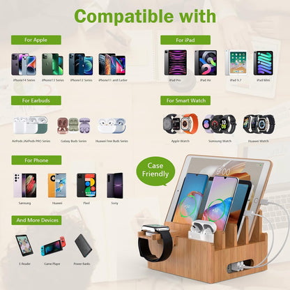 Pezin & Hulin Bamboo Charging Station for Multiple Devices with 5 Port USB Charger, 5 Cables, Smart Watch & Earbuds Stand, Desk Docking Stations Electronic Organizer for Cell Phone, Tablet