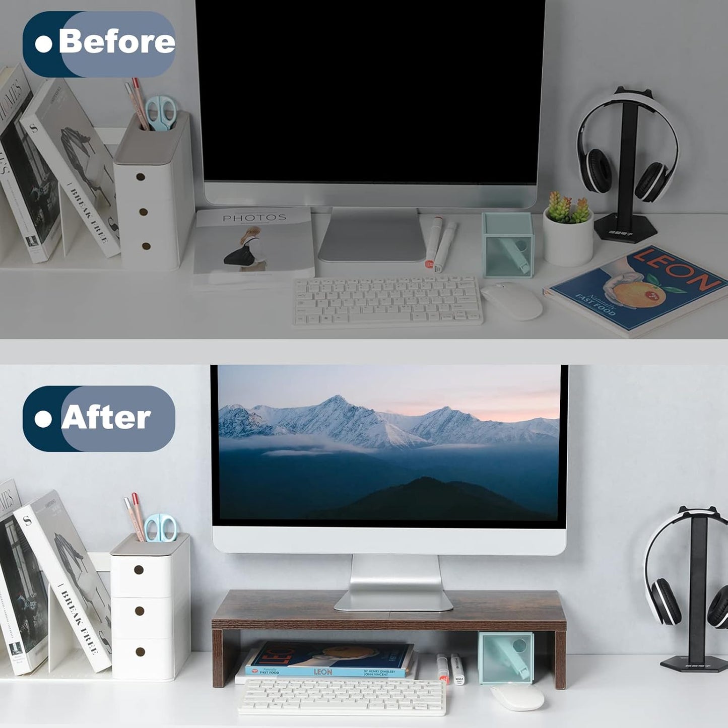 TEAMIX 20 inch White Monitor Stand Riser, Wood Desktop Stand for PC/TV/Laptop/Printer, White Monitor Riser with Storage, Computer Stand with Keyboard Organizer