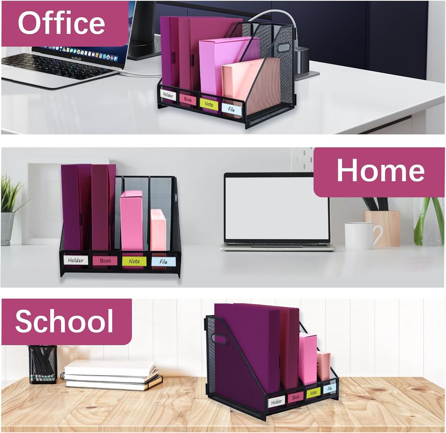Desk Organizers, Metal Magazine File Holder with 5 Vertical Compartments Rack Binder File Organizer for Office Supplies, Home Workspace - Black