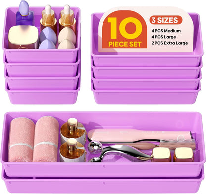 10 Pack Large Size Plastic Drawer Organizers Set, 3 Sizes Desk Drawer Organizer Trays, Storage Bins for Vanity, Makeup, Bathroom, Kitchen Utensils and Office (Black)