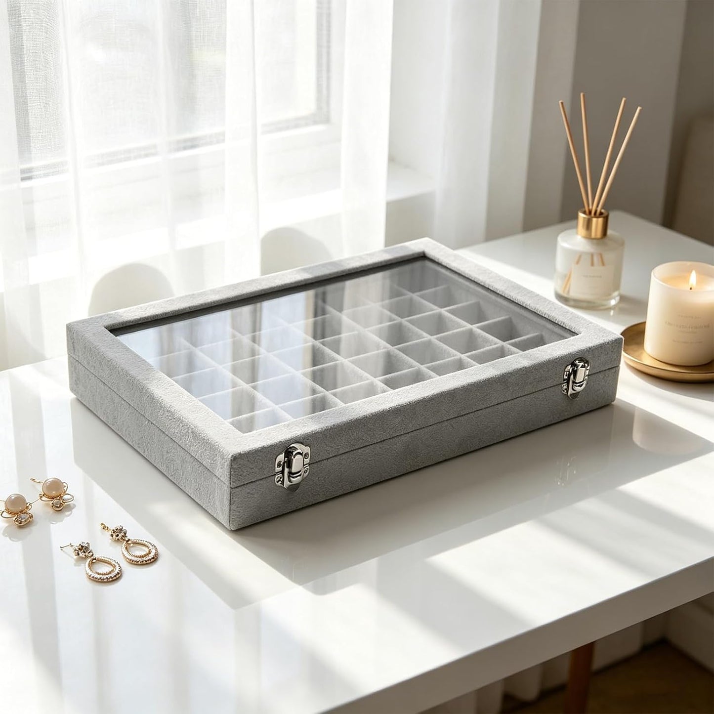 Stratalife Jewelry Organizer Bracelet Organizer Storage Box 12 Grid Stackable Jewelry Tray with Lid Velvet Jewelry Box for Drawer Necklace Bracelet Display Storage Organizer Box (Beige)