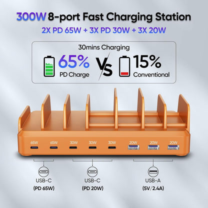 300W Charging Station for Multiple Devices, 8 Port Multi USB C Fast Charger Station Dock for MacBook iPhone 17/16/15/14/13/12 Samsung Pixel Series iPad, Black (6 Mixed Short Cables Included)