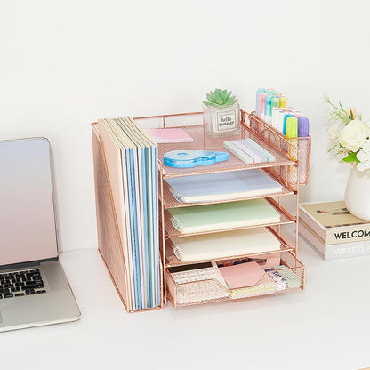 Desk Organizer, 5-Tier Paper Letter Tray Organizer with File Holder, Drawer and Pen Holder, Desktop Organizer for Office Supplies, Black