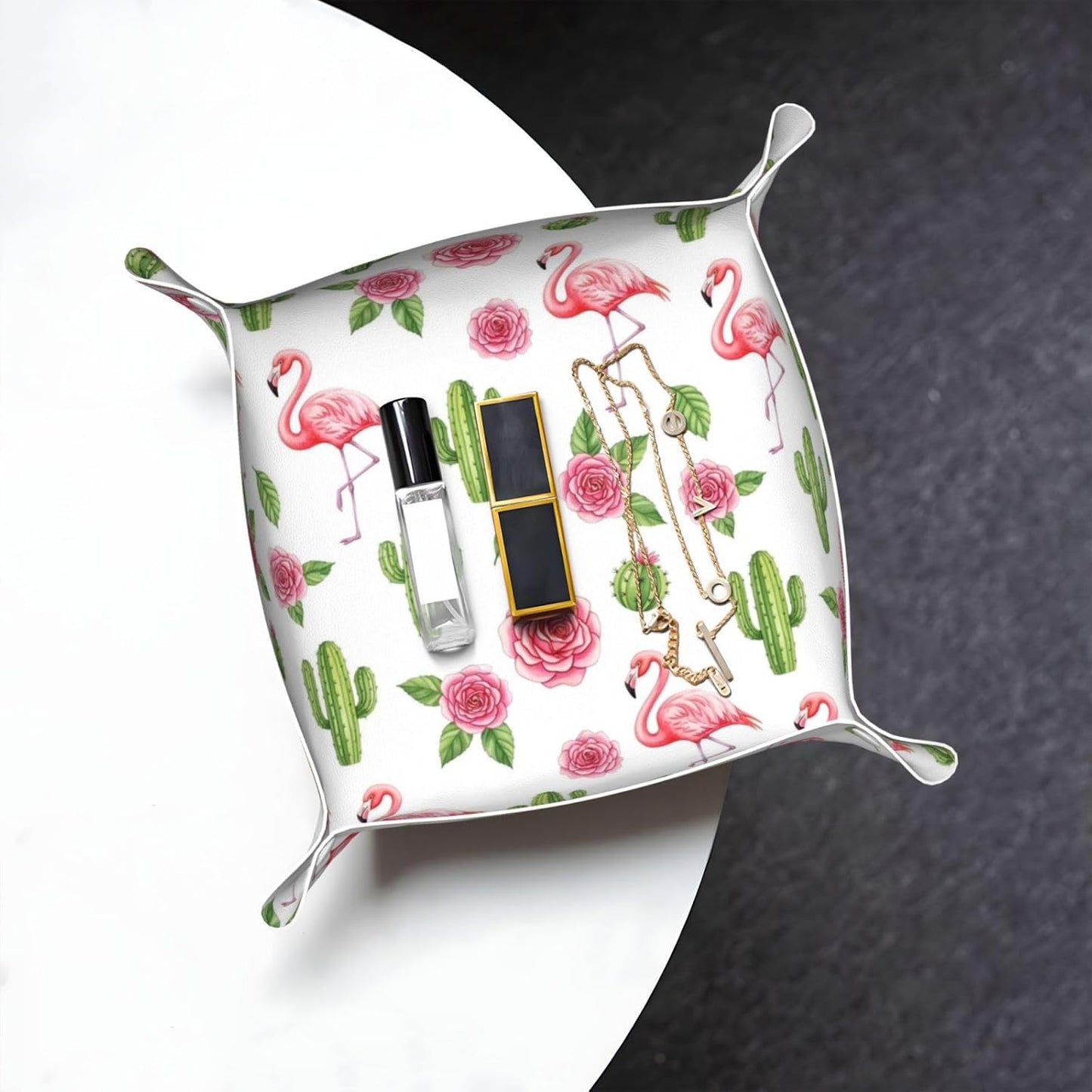 Leather Valet Tray Portable Desk Organizers for Keys Wallet Watch (Pink Rose Cactus Flamingo)