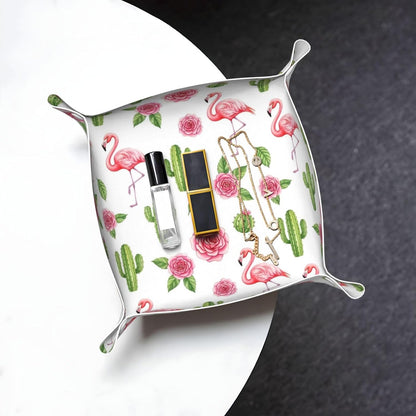 Leather Valet Tray Portable Desk Organizers for Keys Wallet Watch (Pink Rose Cactus Flamingo)