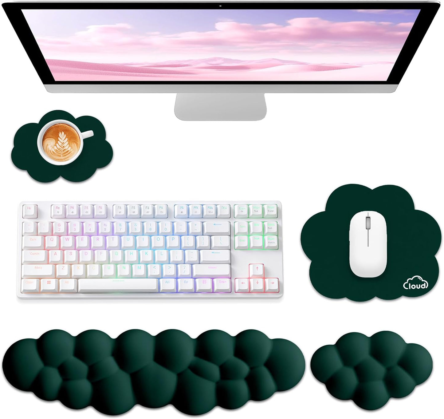 Sushret Cloud Wrist Rest for Computer Keyboard, 4-in-1 Memory Foam Leather Cloud Keyboard Wrist Rest and Mouse Pad Set with Ergonomic Support for Arm and Palm Cushion, Gaming/Work Setup, Rainbow