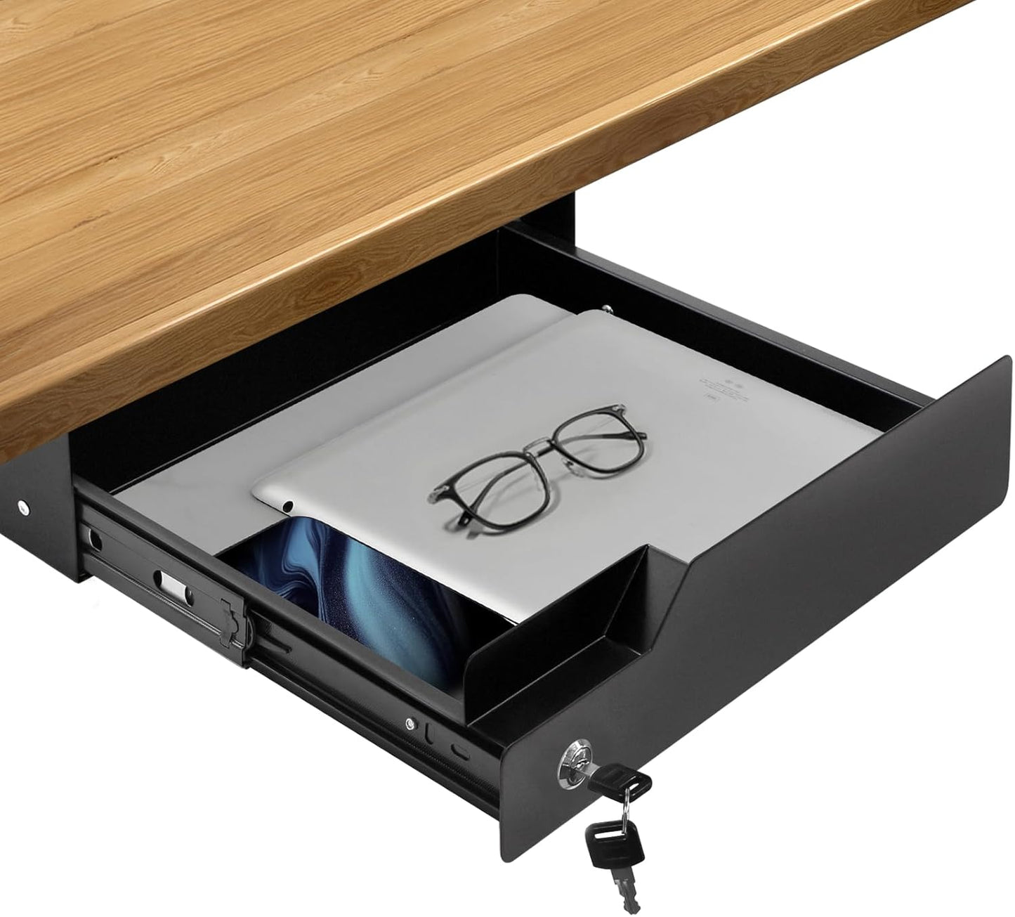 Under Desk Drawer Storage with Lock, Metal Undermount Table Drawer, Ball Bearing Slides Out Tray Organizer for Paper, Pencil, and Laptop 16"x11.8"x3.6", White