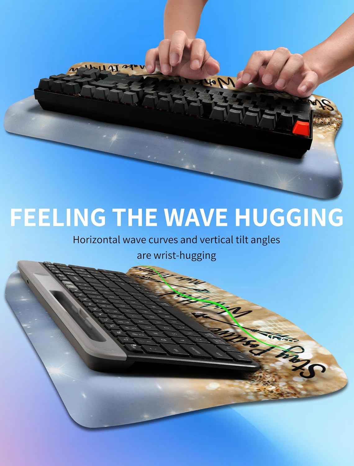 Ergonomic Wave Wrist Rest with Keyboard Stand, Cushioned Palm Rest, Comfortable Integrated Memory Foam for Natural Typing and Relieve Wrist Pain, Dark Night Black