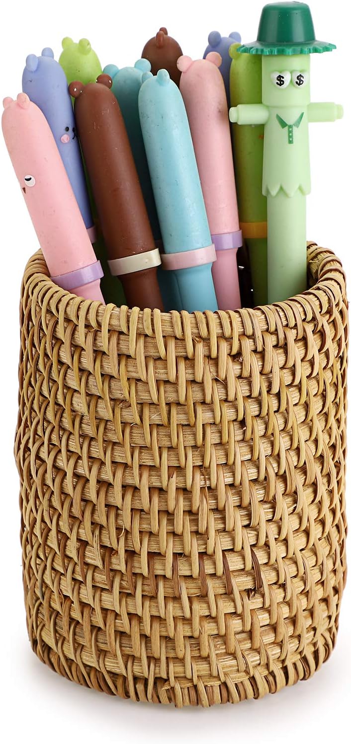BTSKY Rattan Pen Cup, Handmade Desk Pencil Holders Makeup Brush Holder Multi-Functional Woven Basket Office&Home Desktop Organizer(Cone)