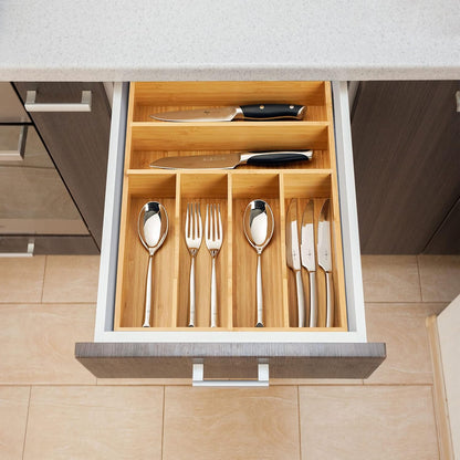 Umilife Bamboo Kitchen Drawer Organizer, 13 Inch Silverware Utensil Tray Holder, Extra Deep Grooved Drawer Divider, 7 Slots Total Bamboo Wood Caddy for Flatware Cutlery Knives, Forks, Spoons