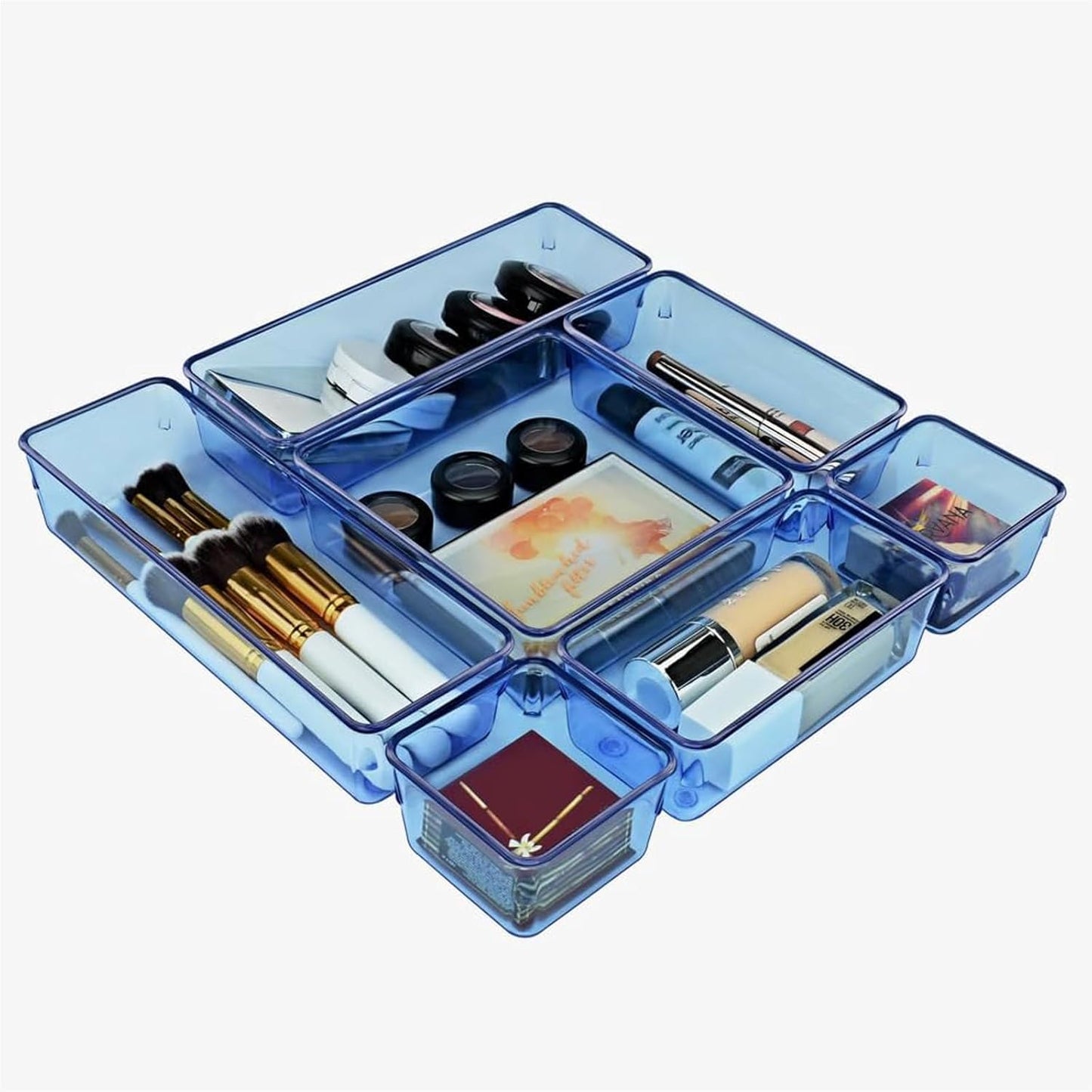 Acrimet Drawer Organizer Modular, Box Tray Storage Bins for Office, Home, Makeup, Kitchen, Junk Drawer (7 Units - 4 Sizes) (Clear Purple Plastic)