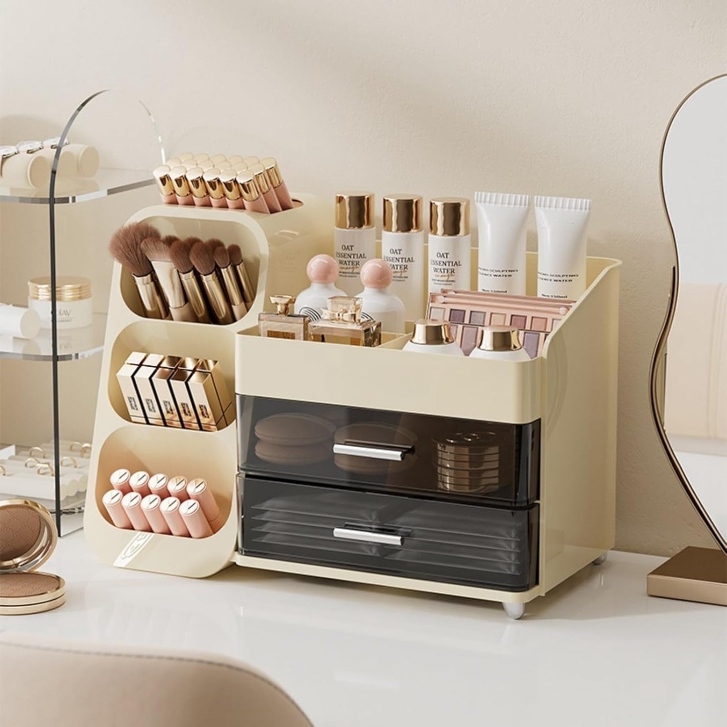 Booklov Makeup Organizer for Vanity, Countertop Cosmetic Display Case with Clear Acrylic Drawers, Bathroom Counter Beauty Caddy, Cute Table Storage Holder for Skincare, Brush Lipsticks, Crystal White