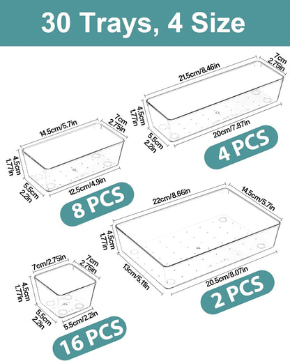 15Pcs Clear Plastic Drawer Organizers Set, 4size makeup drawer organizer trays for vanity/desk/bathroom/office/nightstand/gadgets for kitchen/desk drawer, Versatile drawer divider storage bins