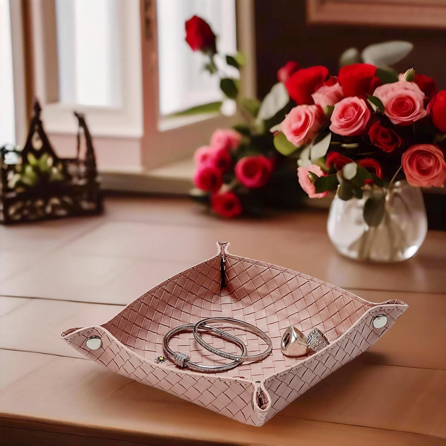UnionBasic Medium Valet Tray, Jewelry Tray for Rings Watches Earrings, Entryway Catchall Caddy for Coins Keys Change, Nightstand Bedside Valet Holder, Trays for Electronic Gadgets, Candy Pink Plus - Colors A