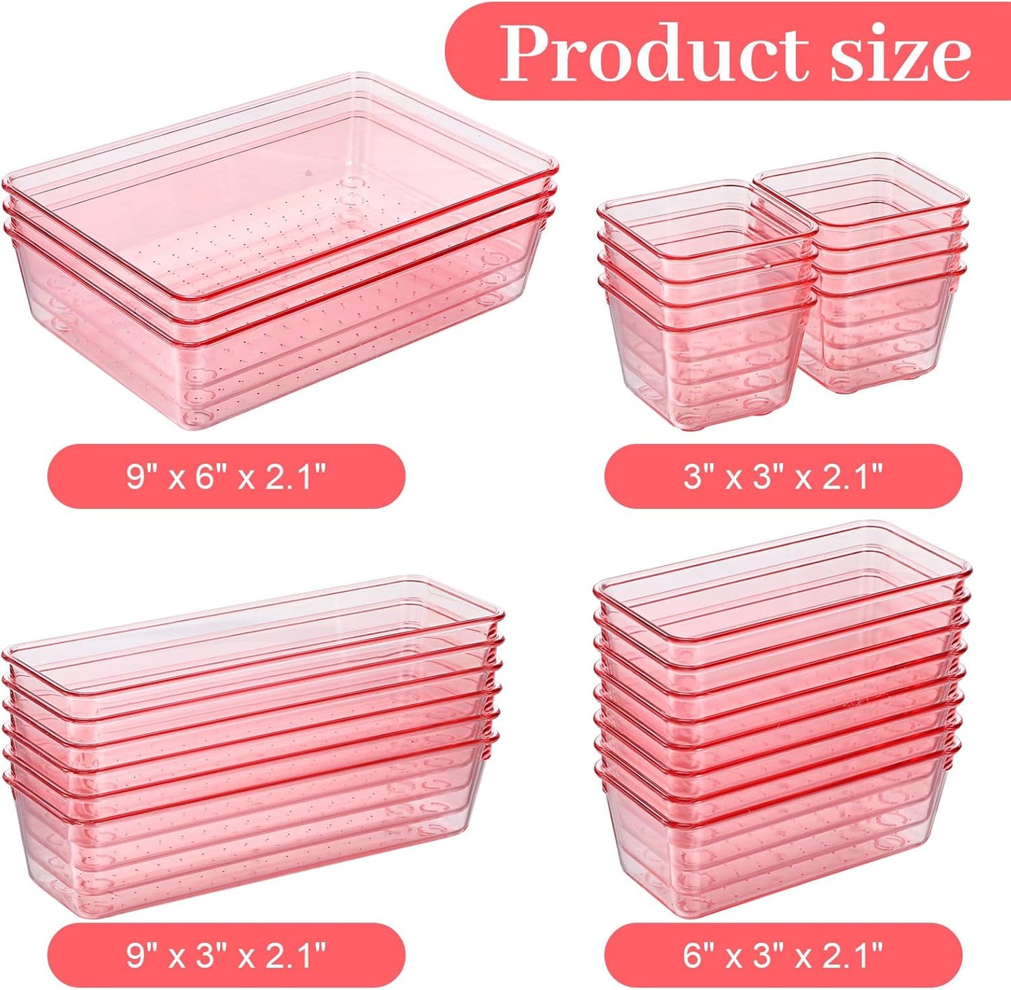 25 Pack Desk Drawer Organizer Set, Small Acrylic Vanity Trays & Storage Bins, Clear Plastic Drawer Organizer Trays for Makeup, Office, Bathroom, Kitchen (Pink)