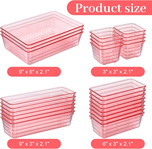 25 Pack Desk Drawer Organizer Set, Small Acrylic Vanity Trays & Storage Bins, Clear Plastic Drawer Organizer Trays for Makeup, Office, Bathroom, Kitchen (Pink)