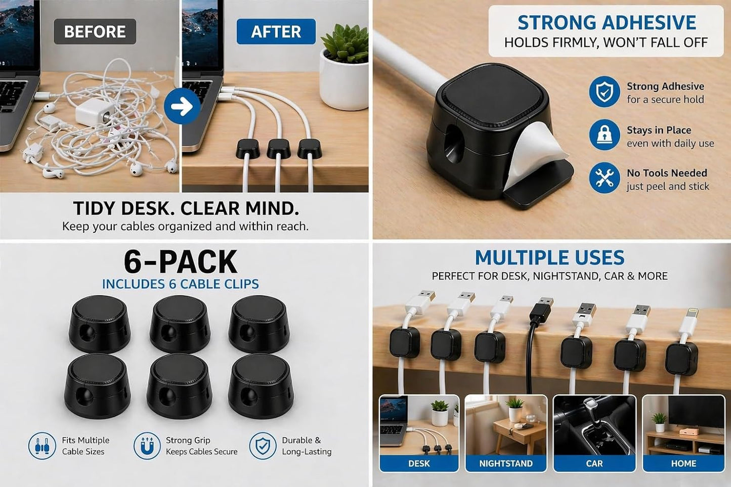 Magnetic Cable Clips (6-Pack), Strong Adhesive Cord Holder for Desk, Nightstand, Car & Cable Management, Black