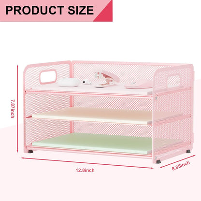 3 Tier Paper Letter Tray Organizer for Desk, Mesh File Folder Document Organizer with Handle for Home Office Supplies Desktop Accessories, Black