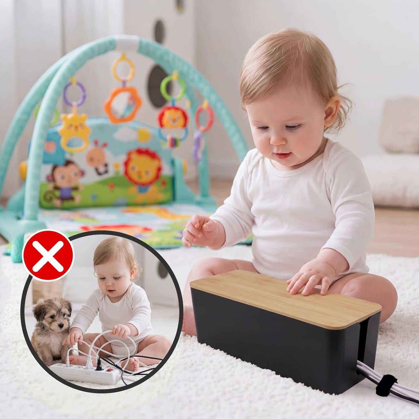 2 Pack Cable Management Box - Cord Organizer Box with Wooden Lid for TV Wires, Power Strips, Router, USB Hub & Under Desk Power: Baby & Pet Proof Cord Management, Cord Hider for Home & Office (White)