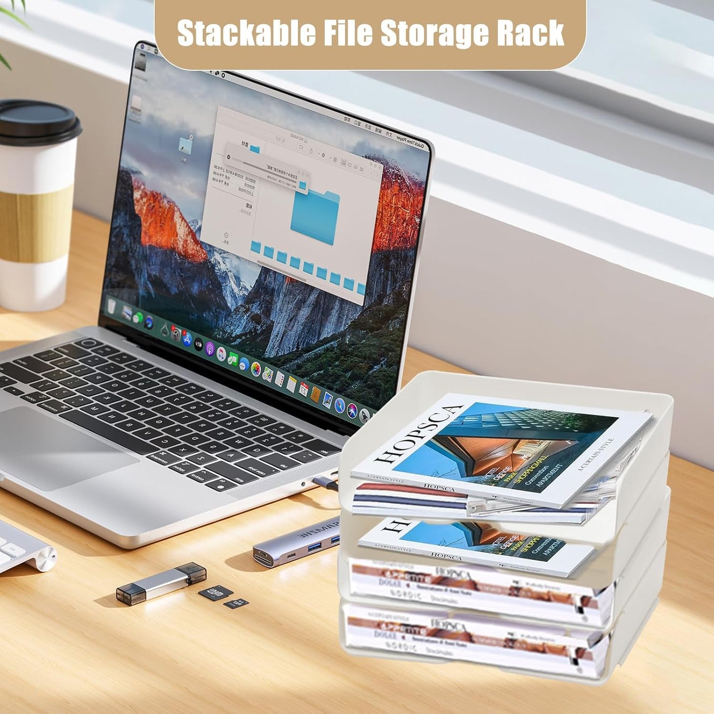 Clear Stackable Paper Trays 4 Pack, PET Letter Tray Desk Organizer, Desktop Organizers and Storage for Books, Magazines, Folders, A4 Size File Paper, Office Supplies