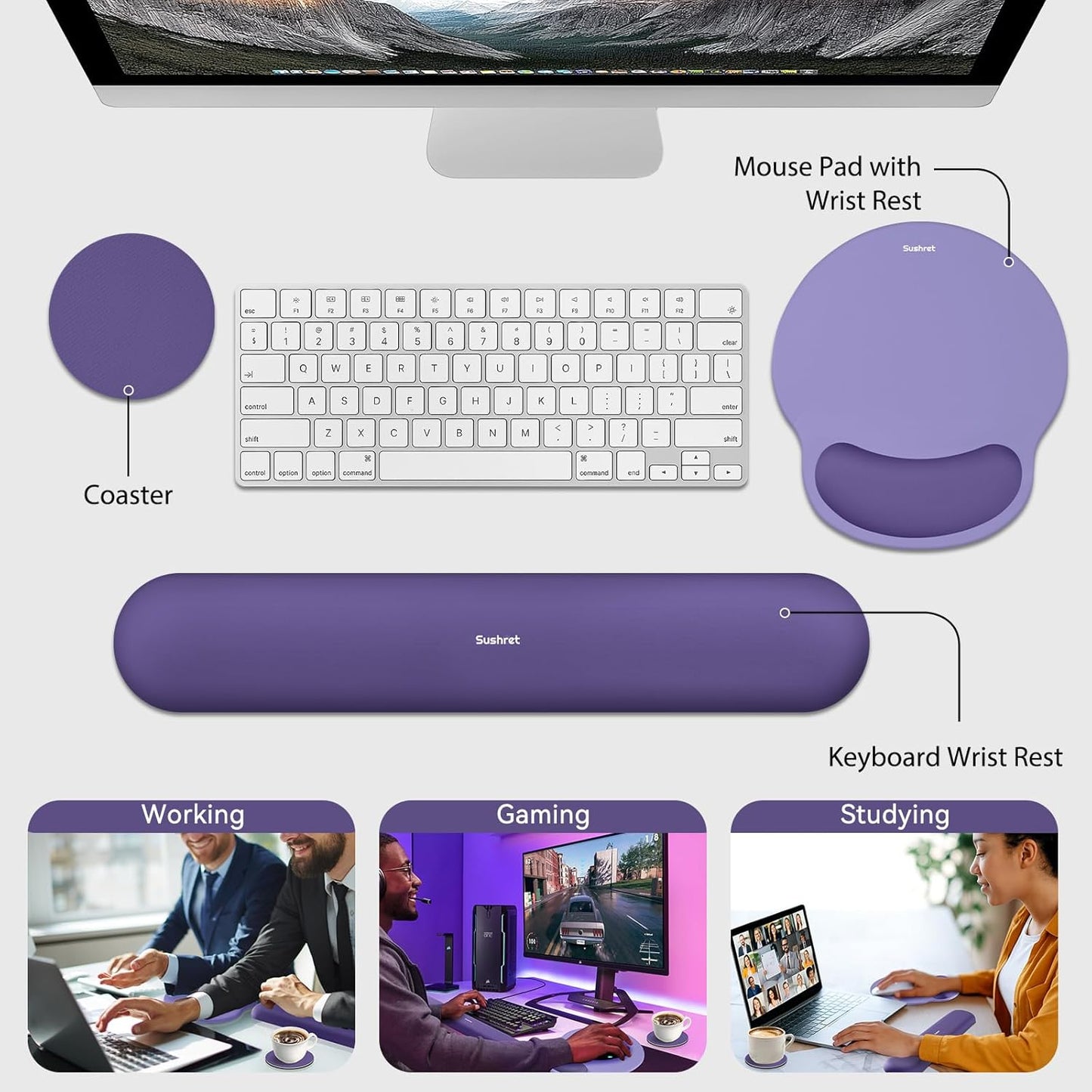 Sushret Mouse Pad and Keyboard Wrist Rest, 3-in-1 Gel Memory Foam Ergonomic Mouse Pad with Wrist Rest Set,Gaming Mousepad Arm Cushion Support for Computer Office Desk Accessories Cute Setup,Sage Green