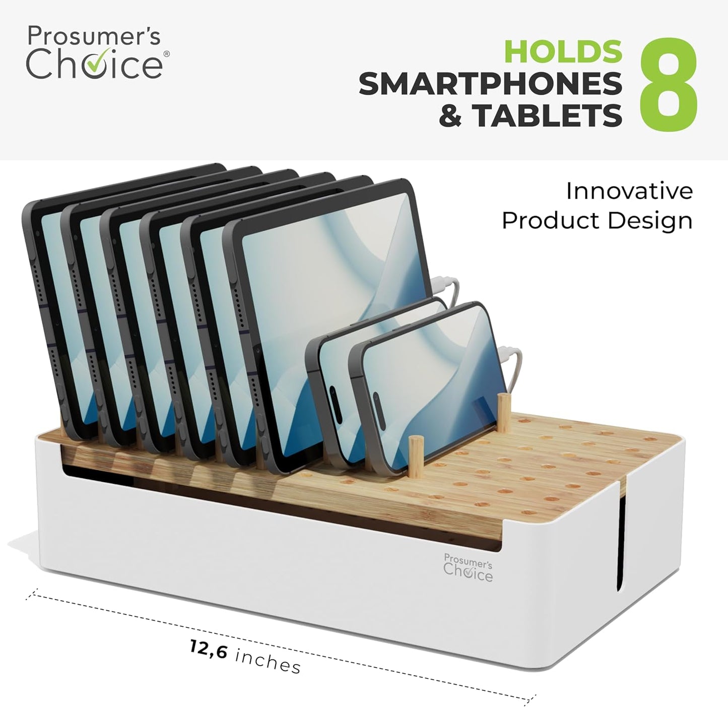 Prosumer's Choice Wooden Charging Station Organizer - 5-Port Base for Phones, Tablets and Laptops - Multi-Device Docking Station with Removable Divider Slots - Cord Box with Cable Management - Bamboo